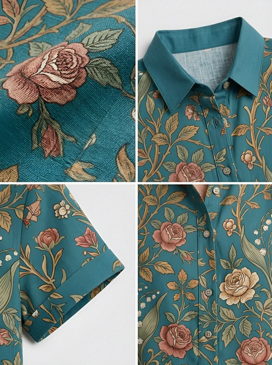 Women's Floral Vintage Rose Lily Botanical Printed Short Sleeve Shirt