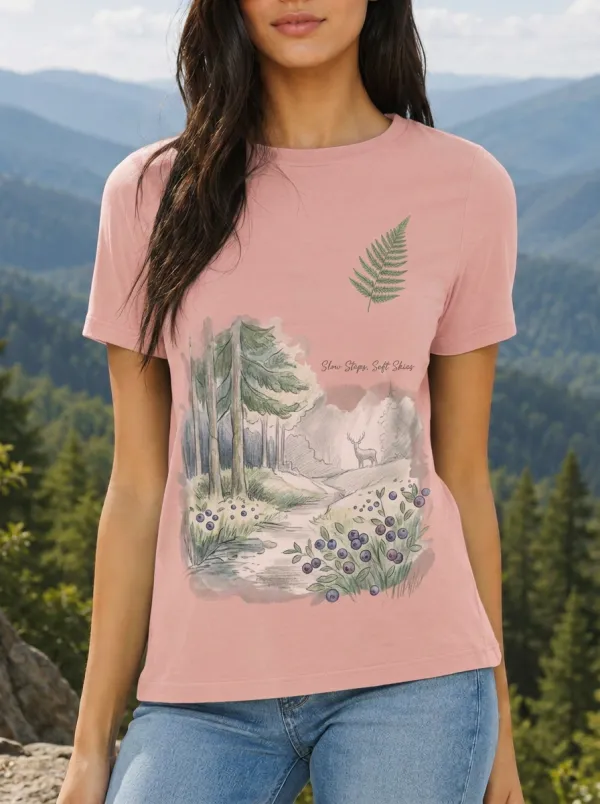 Women's Forest Nature Lover Deer Fern Blueberry Printed T-shirt