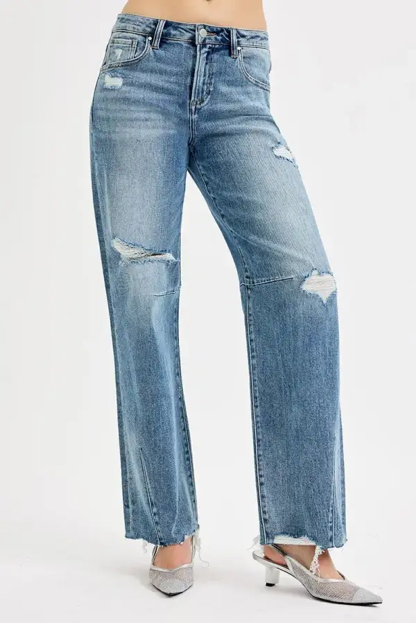 Full Size Mid Rise Fit Wide Baggy Leg Tie Washed Jeans Plus Size