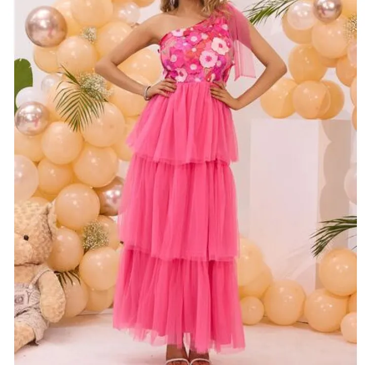 Embroidered Layered Single Shoulder Midi Dress