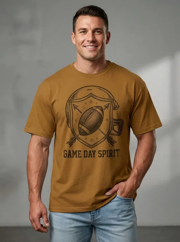 Men's American Football Lover Game Day Spirit Shield Printed T-shirt