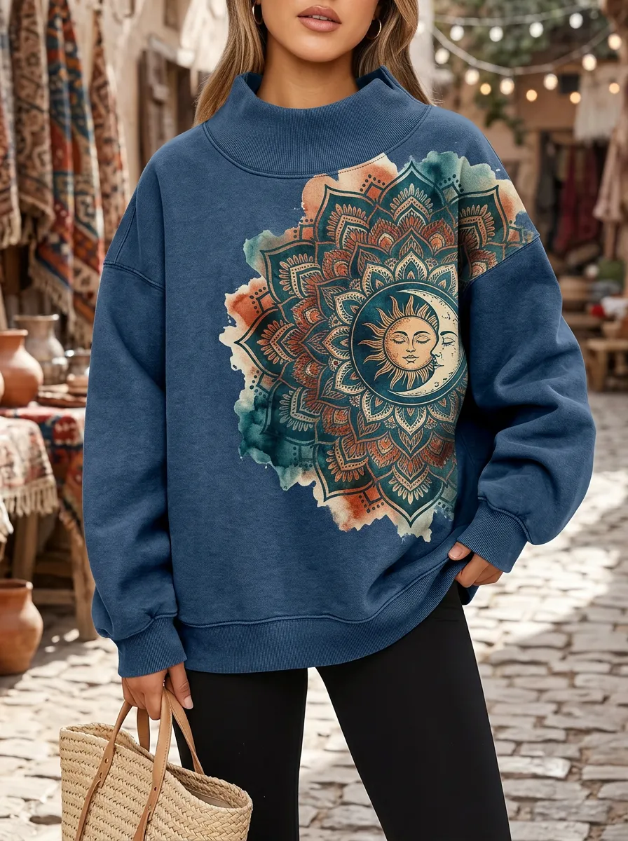Boho Celestial Sun Moon Mandala Mock Neck Sweatshirt