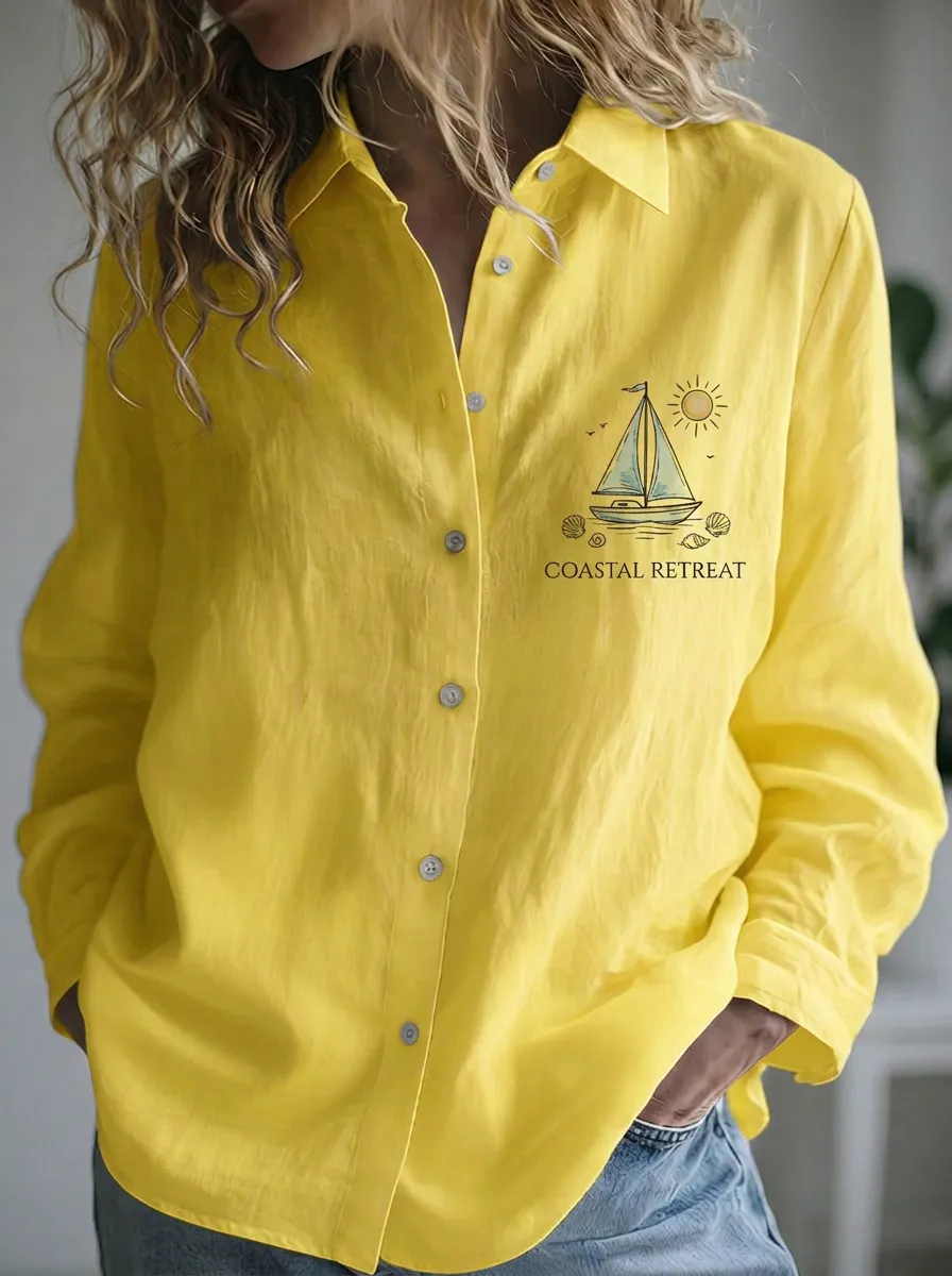 Women's Coastal Retreat Sailboat Seashell Printed Button-down Shirt