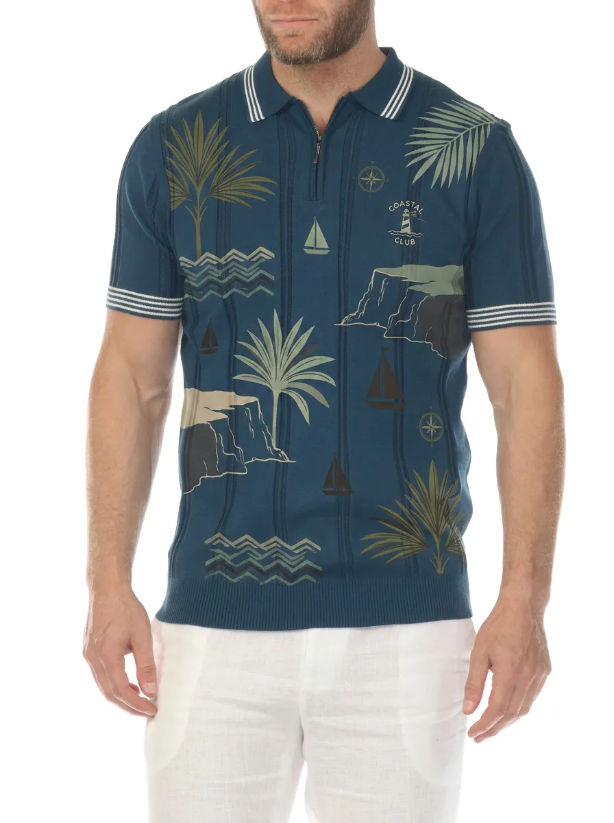 Men's Coastal Club Nautical Palm Printed Zip Polo Shirt
