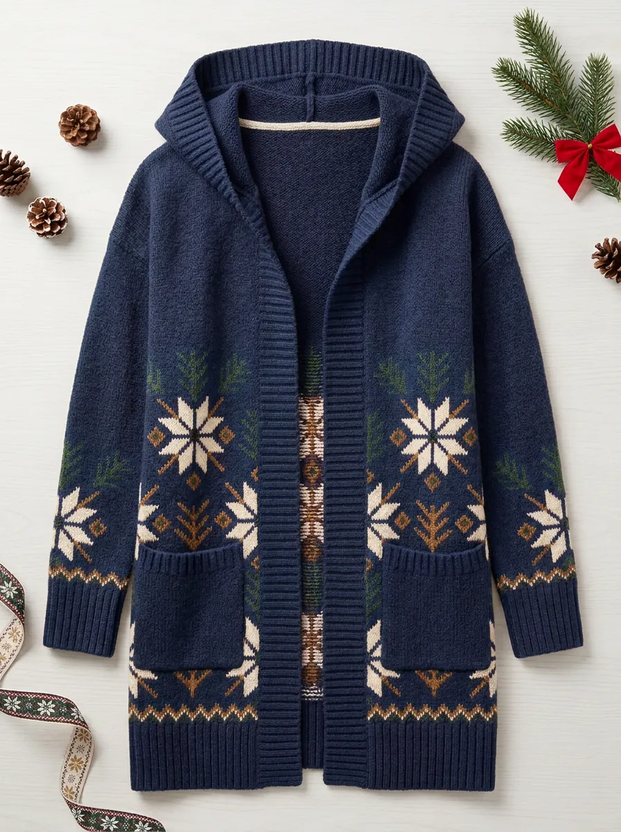 Winter Christmas Snowflake Pattern Knit Hooded Cardigan