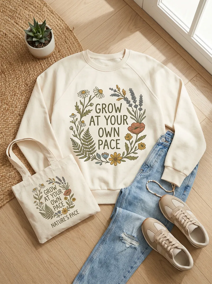 Women's Inspirational Floral Grow At Your Own Pace Printed Sweatshirt