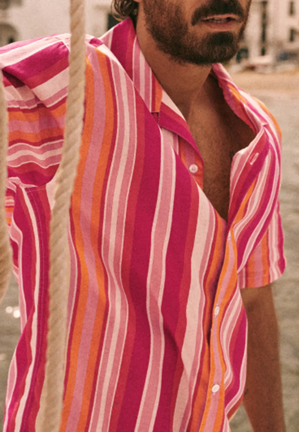 Pink Orange Stripe Print Short Sleeve Camp Shirt