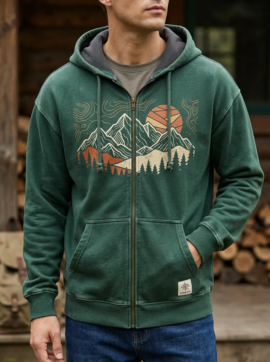 Men's Nature Adventure Mountain Sunset Printed Zip-up Hoodie