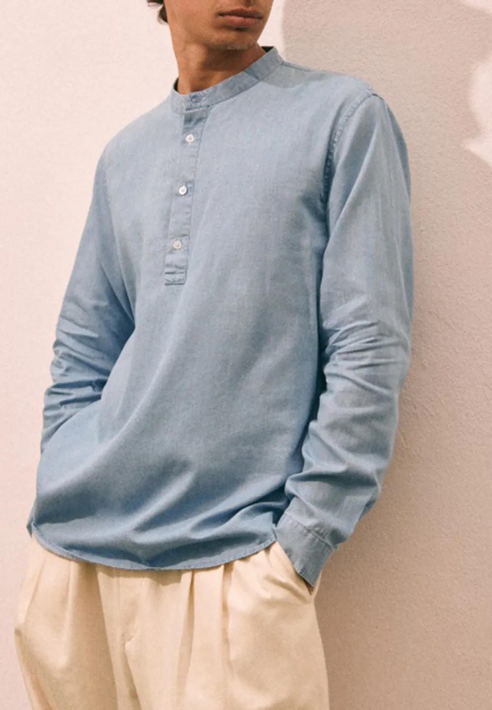 Light Blue Denim-Look Henley Style Long Sleeve Shirt