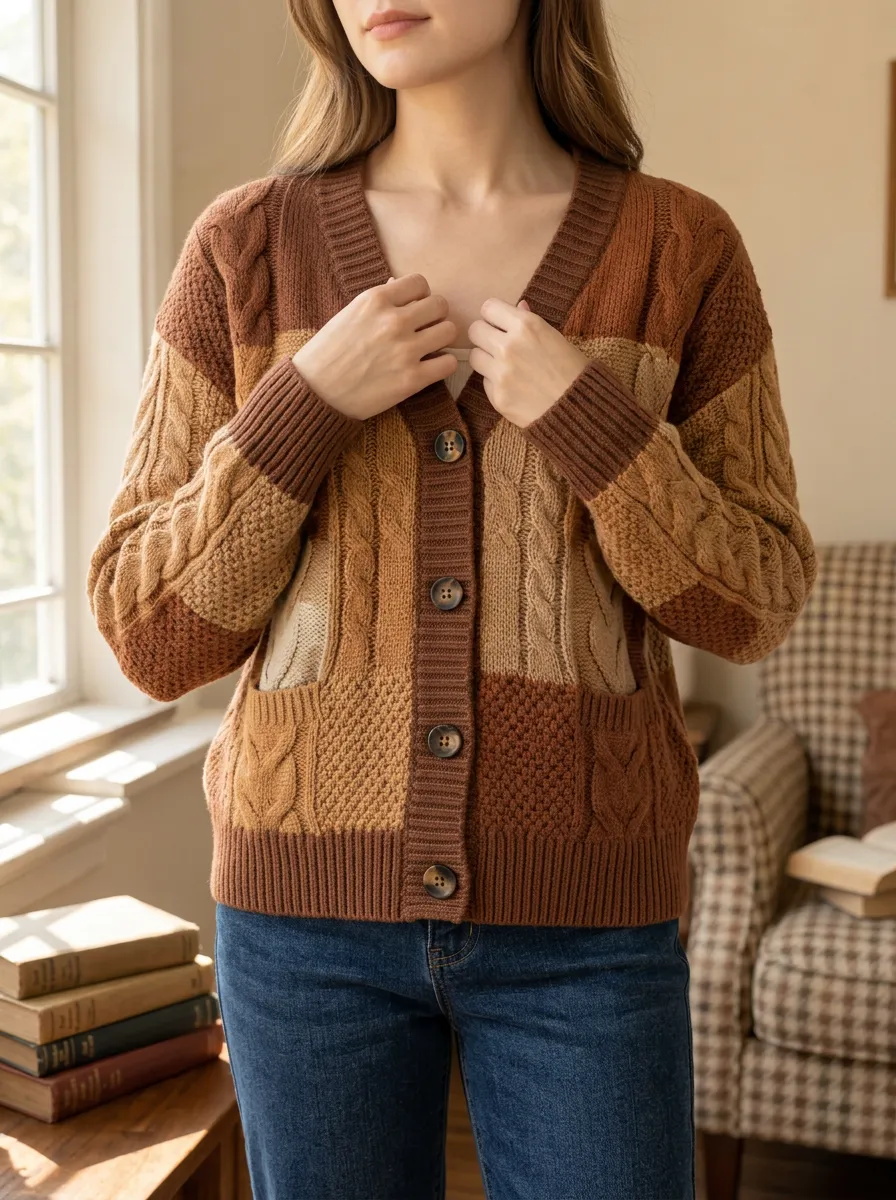 Women's Brown Patchwork Cable Knit Button Cardigan