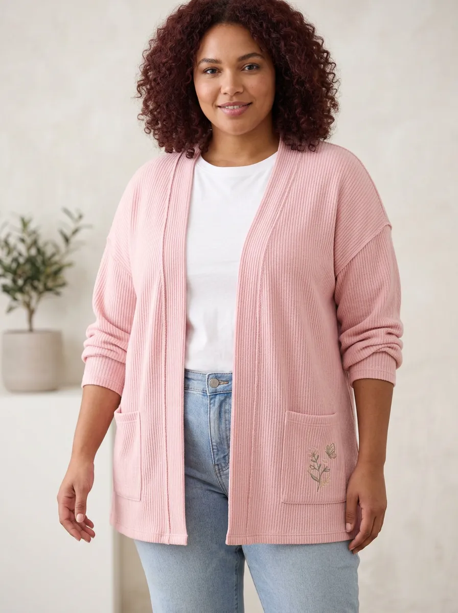 Pink Modern Butterfly Floral Embroidered Ribbed Cardigan