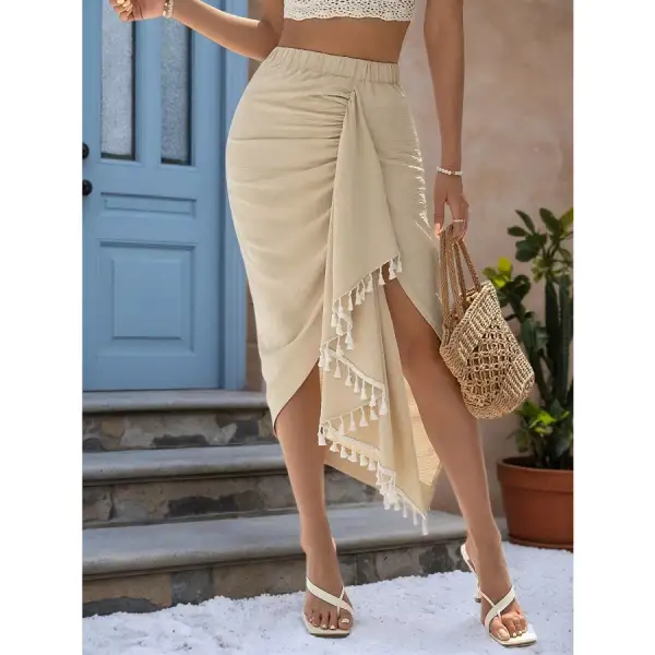 Asymmetric Tassel Wrap Skirt
