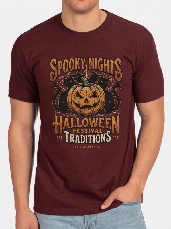 Men's Halloween Pumpkin Black Cat Spooky Nights Printed T-shirt