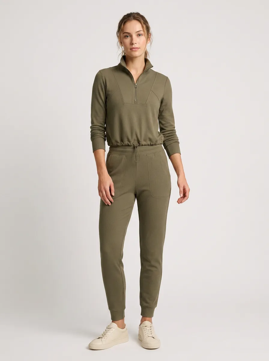 Women's Olive Green Quarter Zip Drawstring Waist Lounge Set