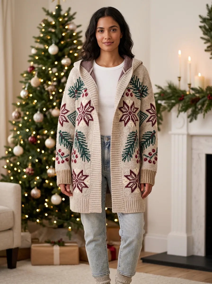 Christmas Snowflake Pine Print Festive Hooded Cardigan