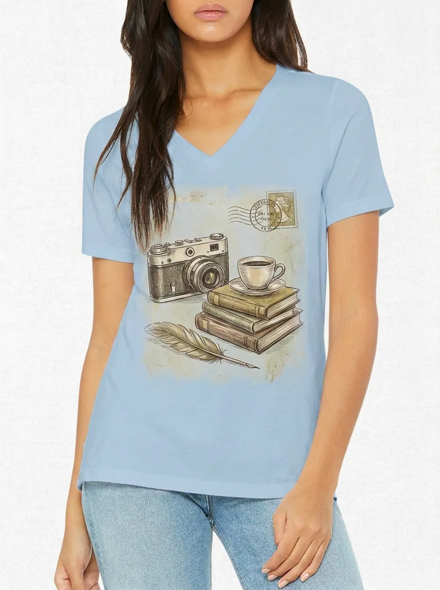 Women's Vintage Camera Books Coffee Feather Printed V-neck T-shirt
