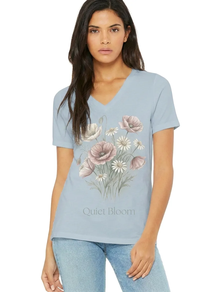 Women's Floral Nature Lover Quiet Bloom Poppy Daisy Printed V-neck T-shirt