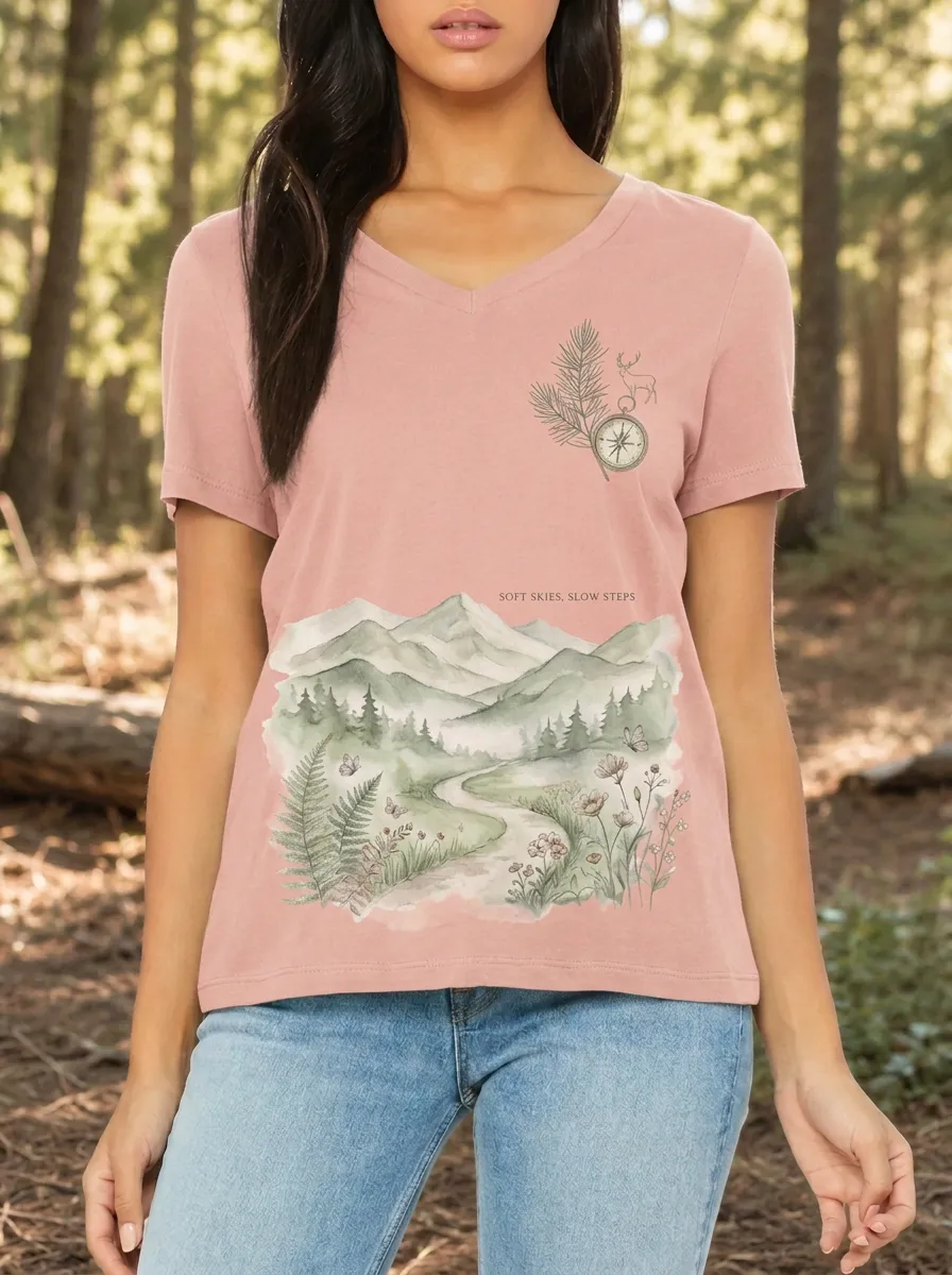Women's Nature Lover Mountain Forest Compass Printed V-neck T-shirt