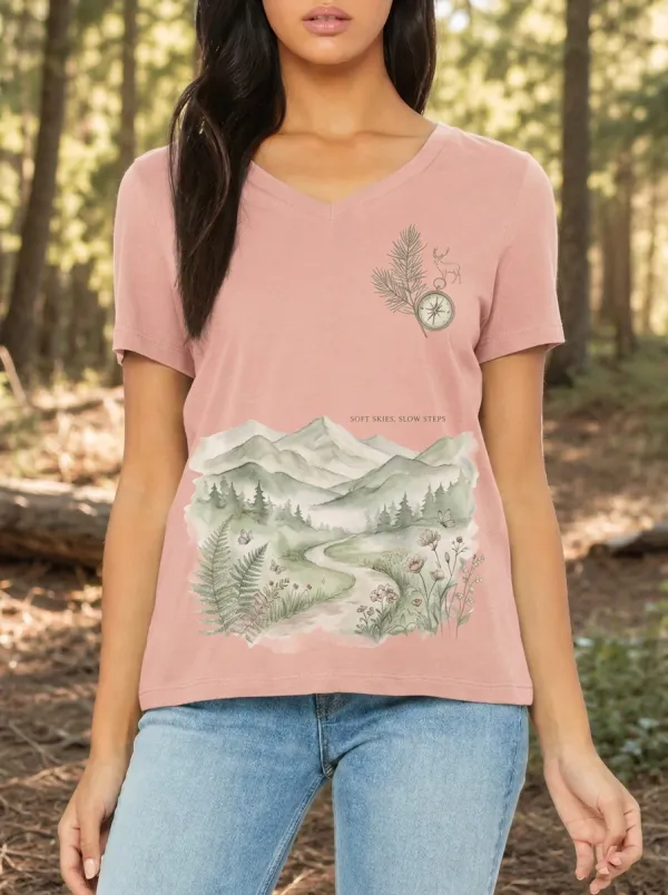 Women's Nature Lover Mountain Forest Compass Printed V-neck T-shirt