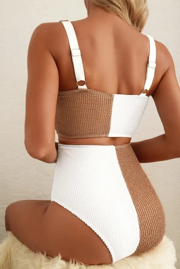 Corded Blocked Pattern Square Neck Bikini Swim Set