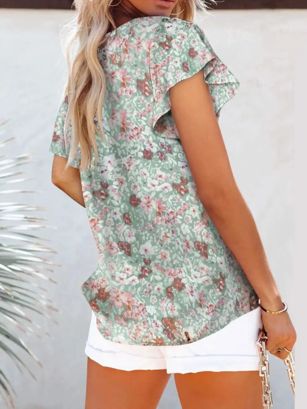 Floral Print Flutter Sleeve V Neck Blouse
