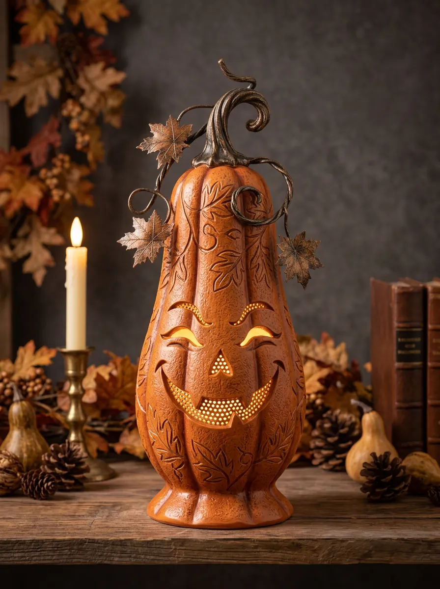 Halloween Jack-O-Lantern Leaf Carved LED Table Ornament