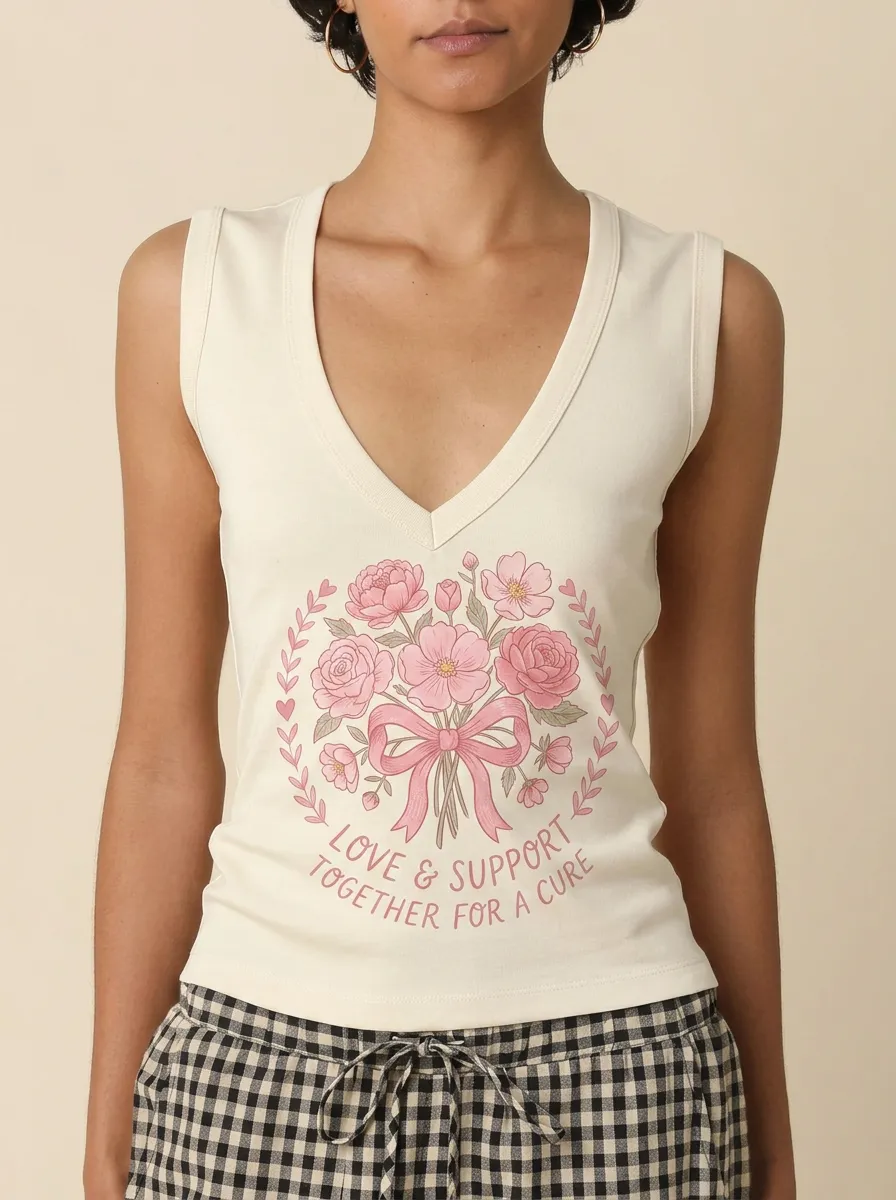 Women's Breast Cancer Awareness Floral Bouquet Printed Tank Top