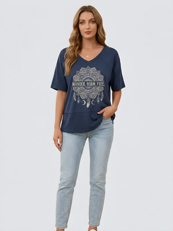Women's Boho Wander Roam Free Mandala Feather Printed T-shirt