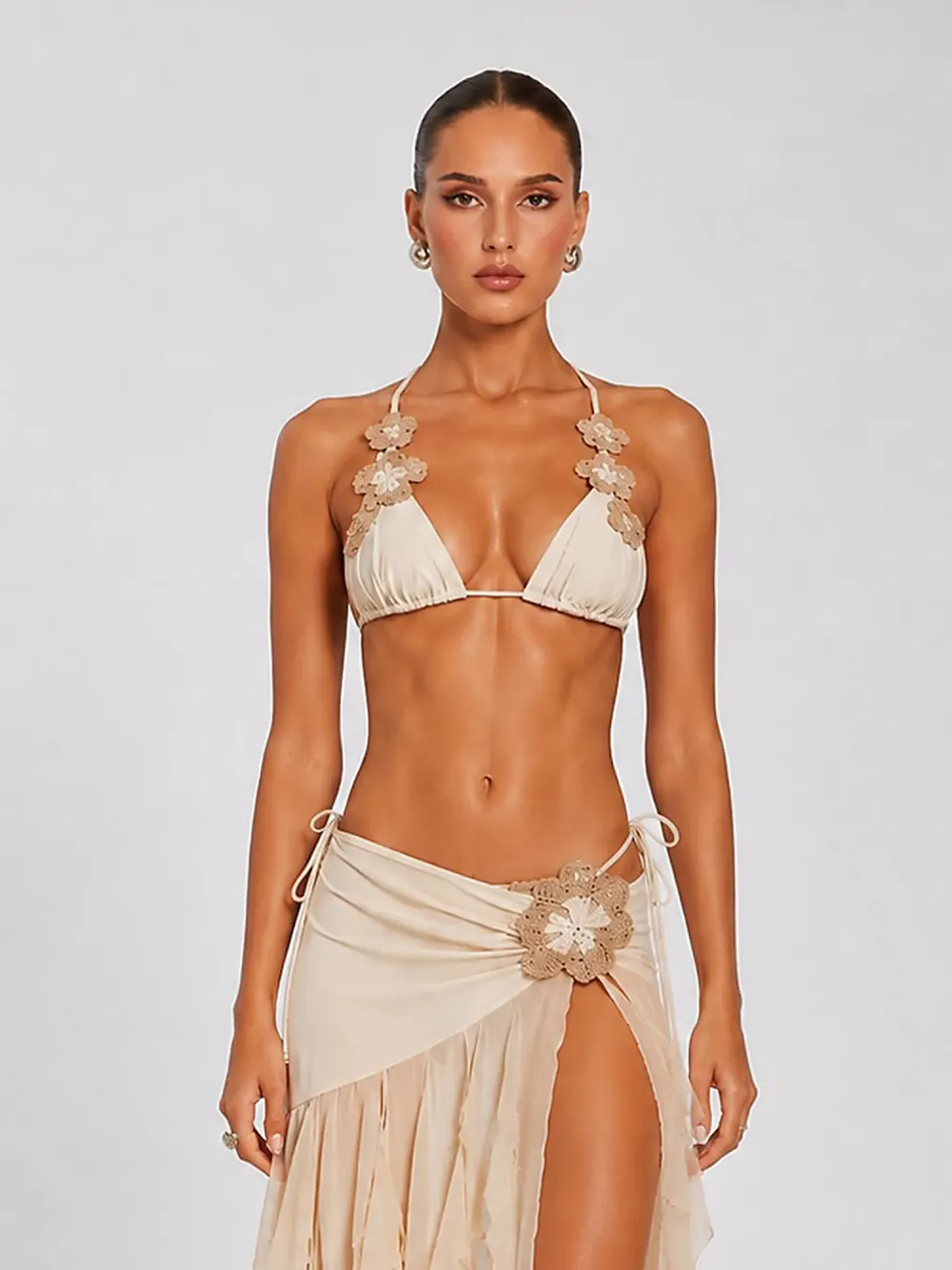Evie Beige Halter Neck Cutout Beaded Floral Maxi Skirt Set