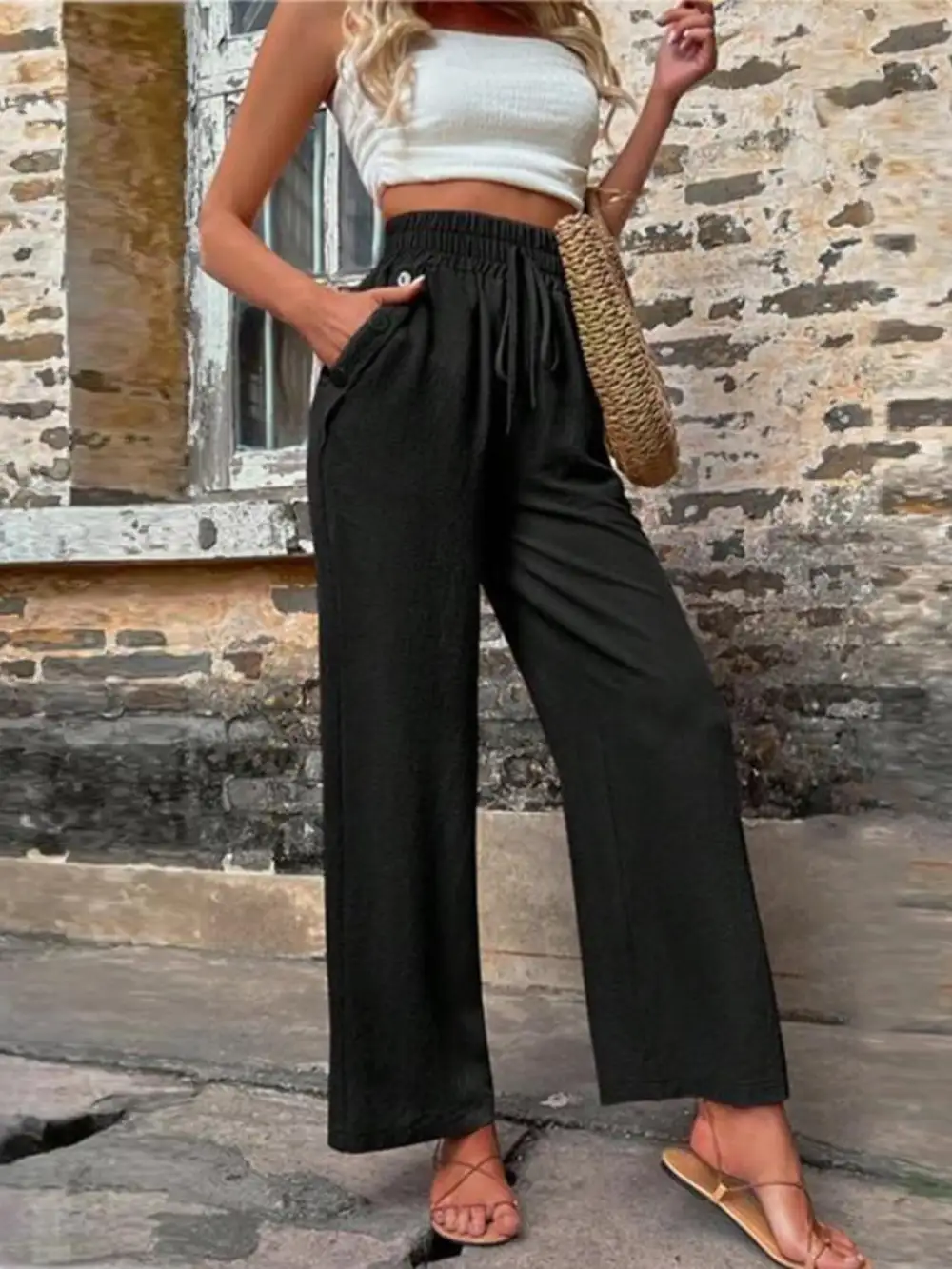 Tied High Waist Wide Leg Pants With Pocket