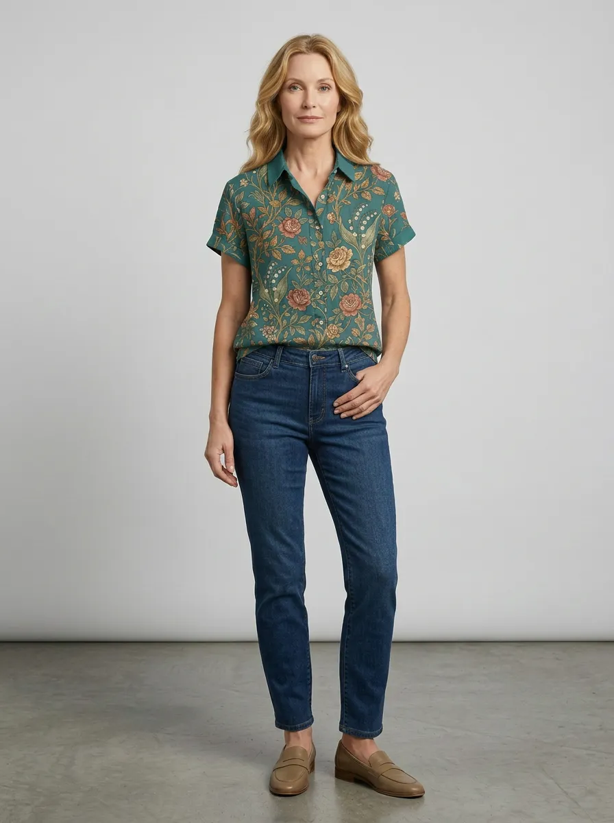 Women's Floral Vintage Rose Lily Botanical Printed Short Sleeve Shirt