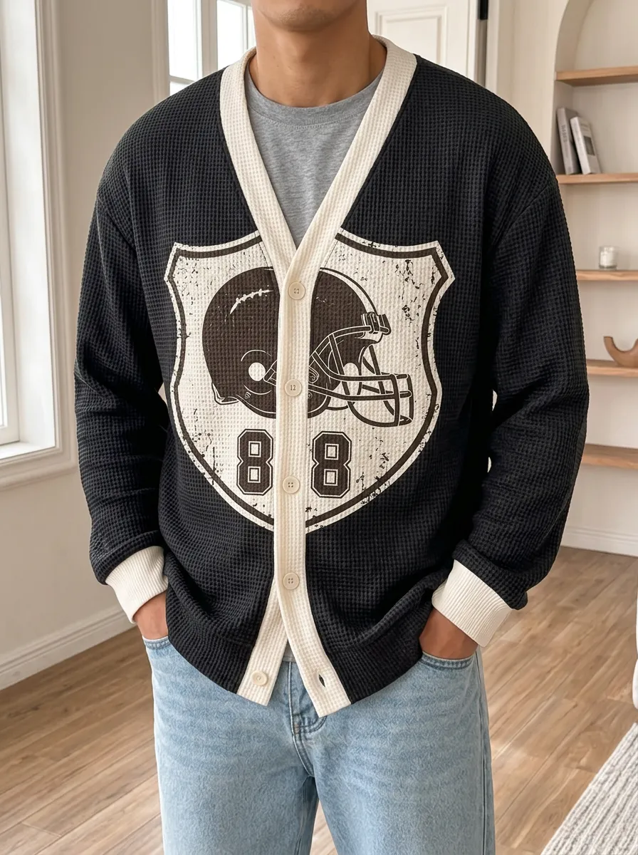 Men's American Football Lover 88 Helmet Shield Printed Waffle Cardigan