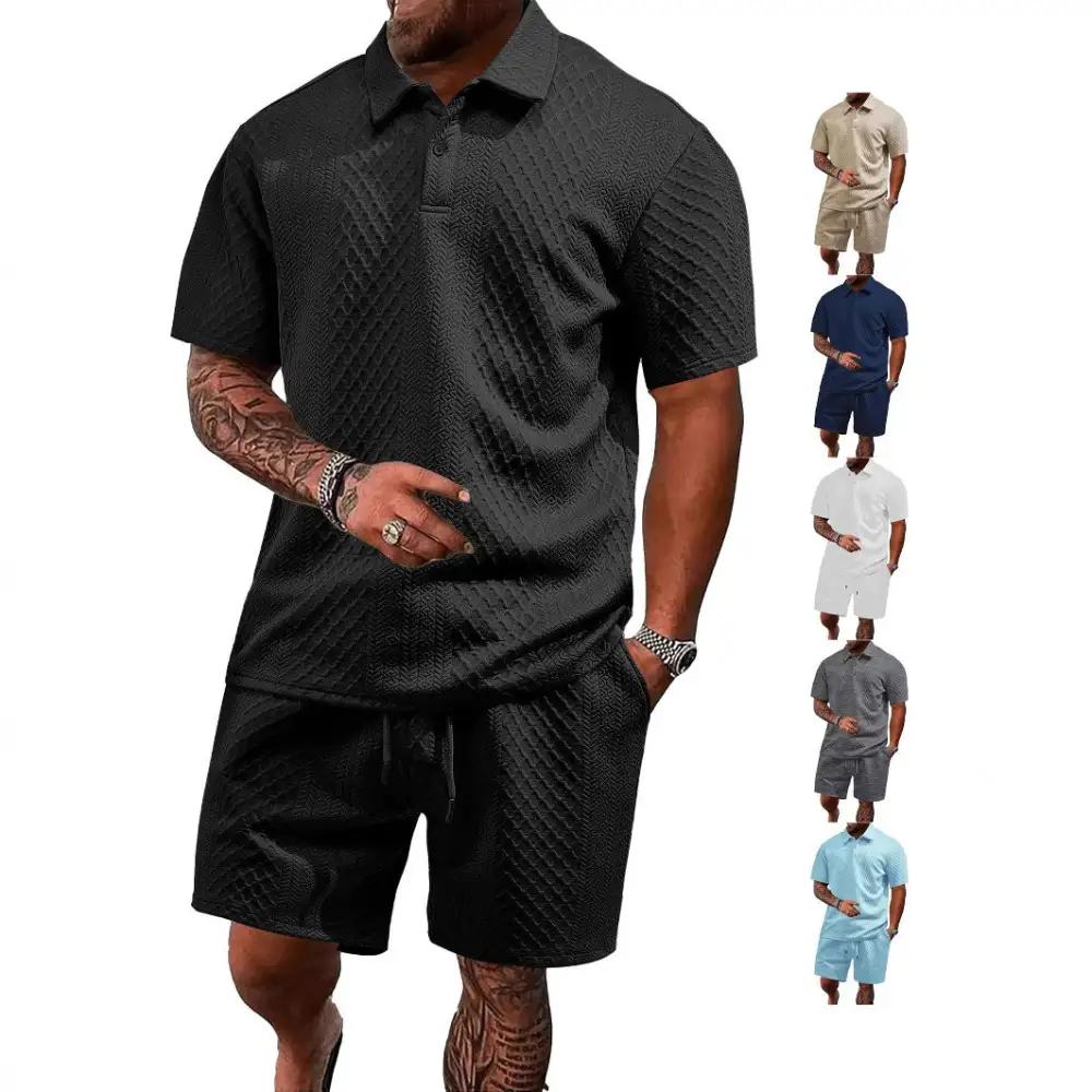 Waffle Texture Spread Collar Polo Shirt