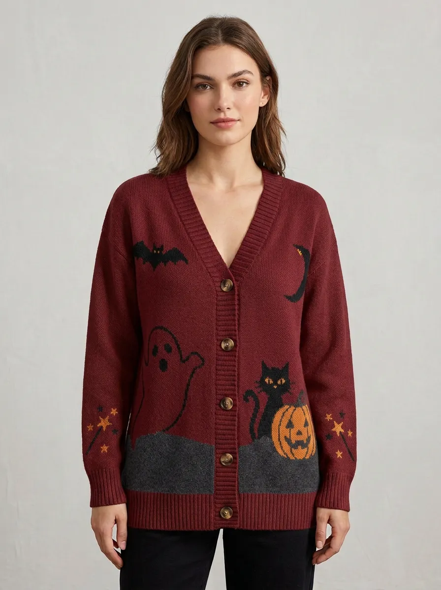 Women's Halloween Ghost Pumpkin Cat Moon Bat Printed Cardigan