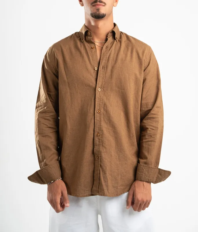 Brown Linen Button Front Shirt