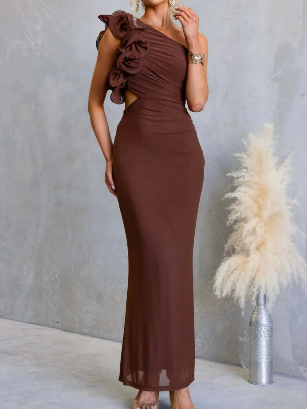 Ruched One-Shoulder Sleeveless Floral Maxi Dress