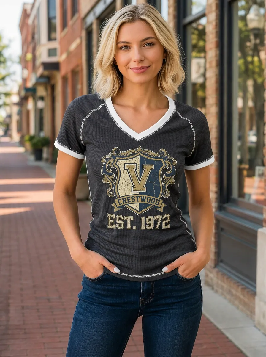 Women's Crestwood University V-Neck Crest Printed Top