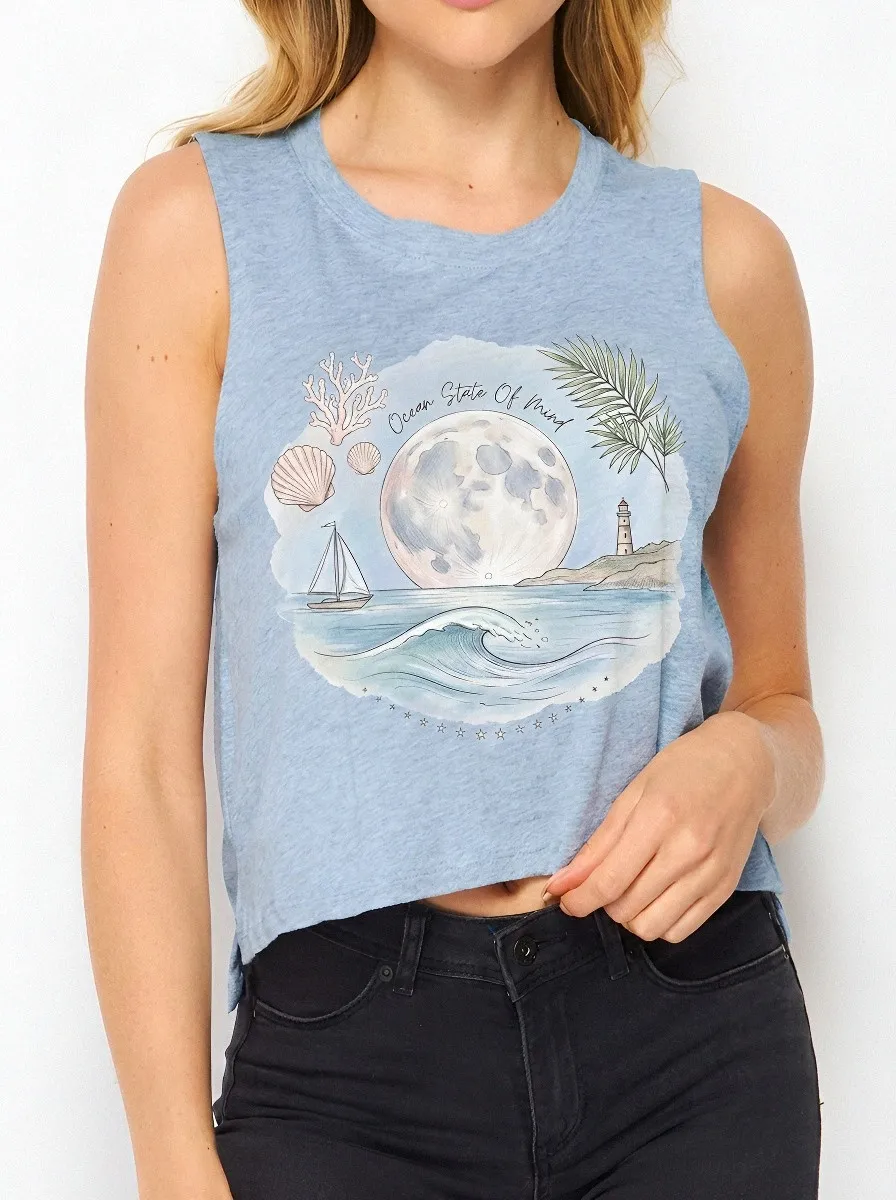 Women's Beach Lover Ocean State Of Mind Moon Printed Tank Top