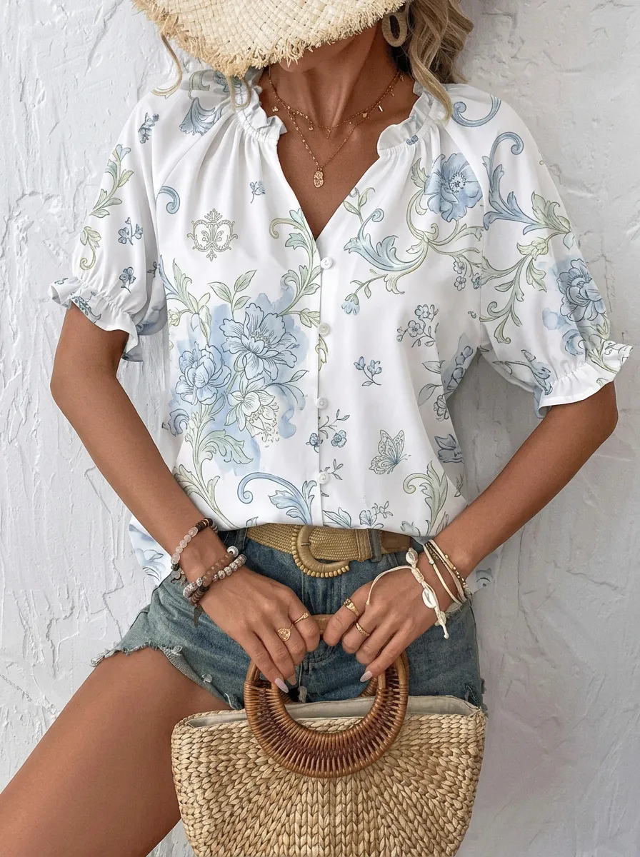 Women's Floral Butterfly Pattern Printed V-Neck Blouse