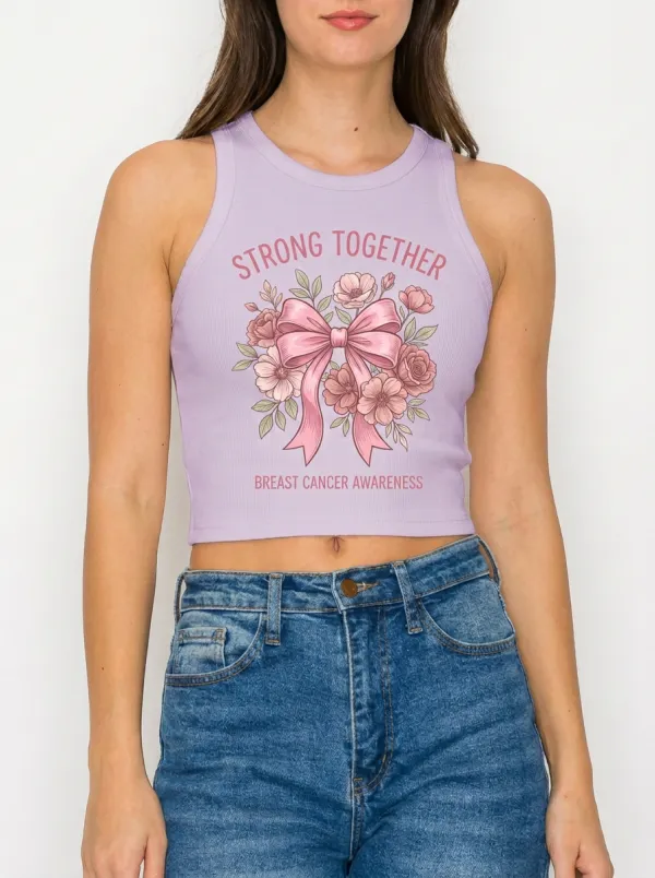 Women's Breast Cancer Awareness Strong Together Floral Bow Printed Tank Top