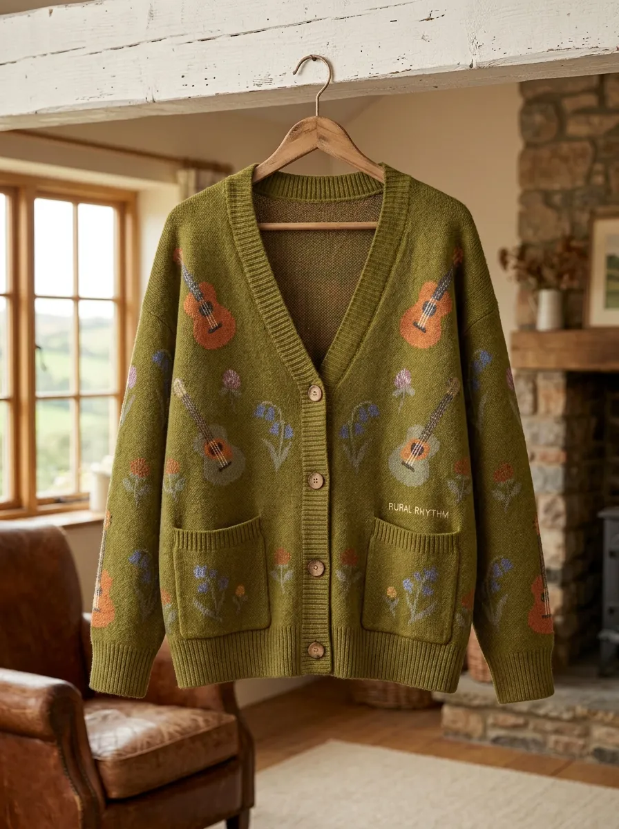 Guitar Floral Knitted Country Music Cardigan