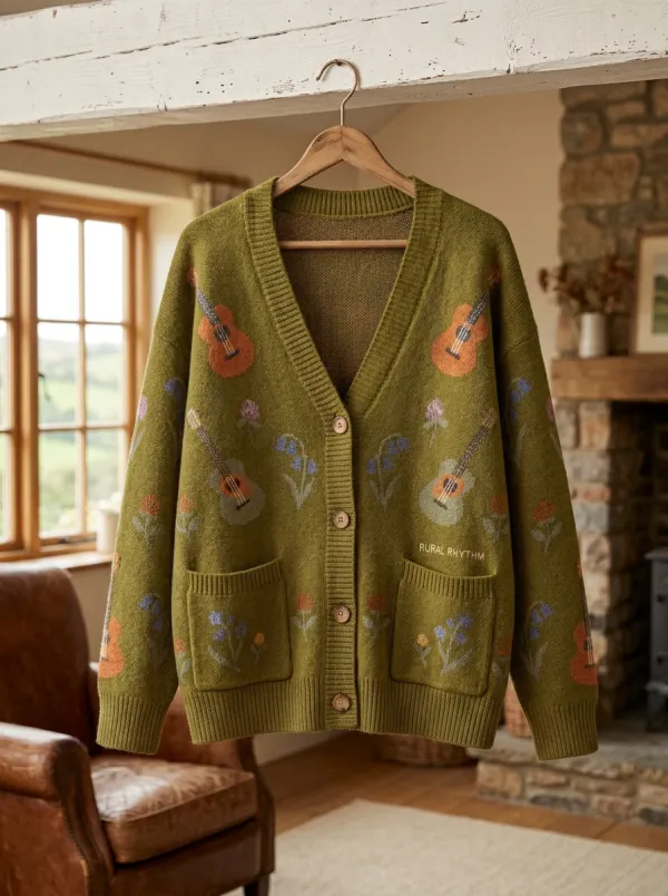 Guitar Floral Knitted Country Music Cardigan