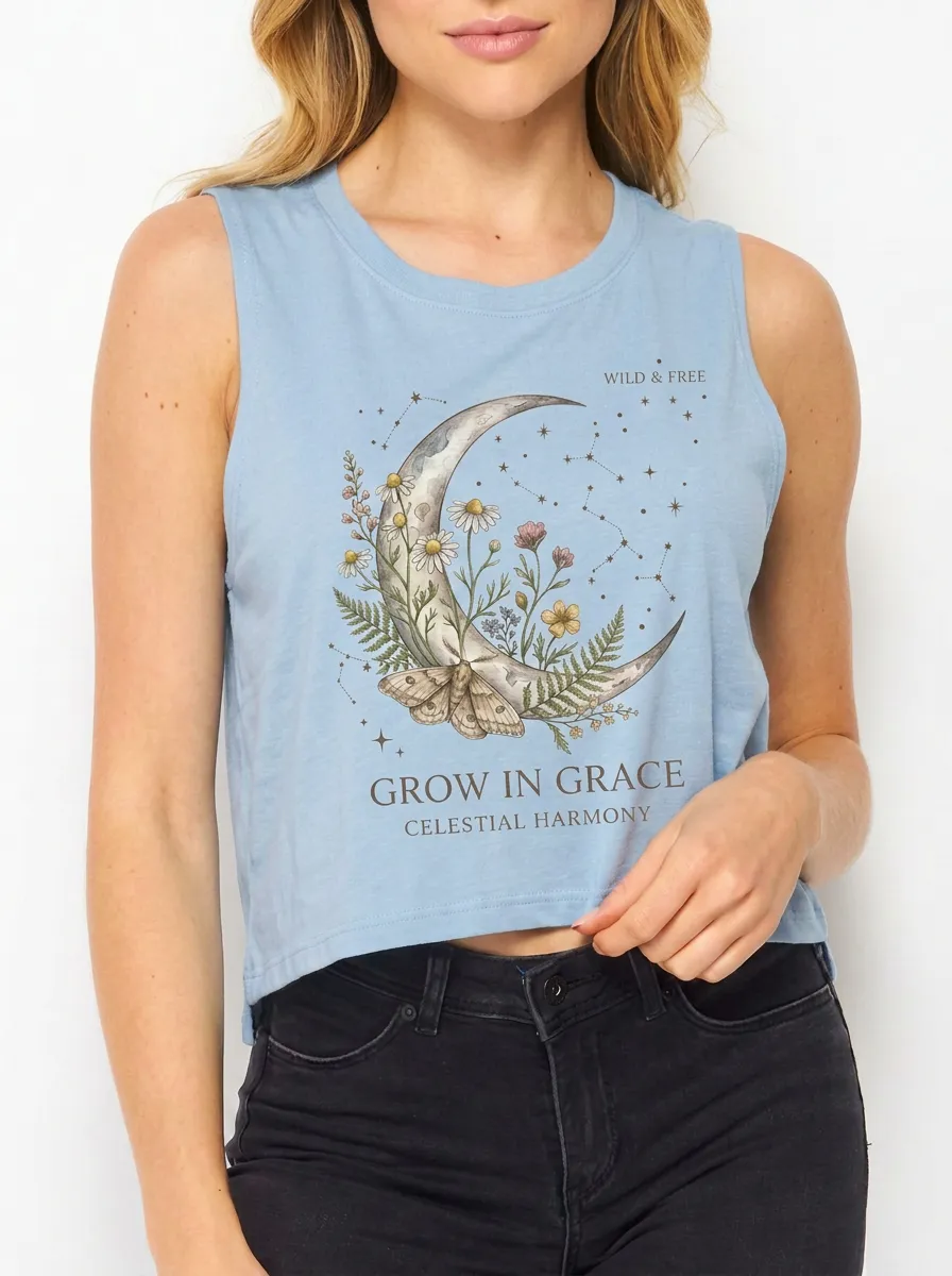 Women's Celestial Floral Moon Moth Printed Crop Tank Top