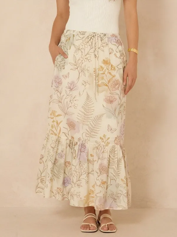Women's Tiered Boho Floral Botanical Printed Midi Skirt