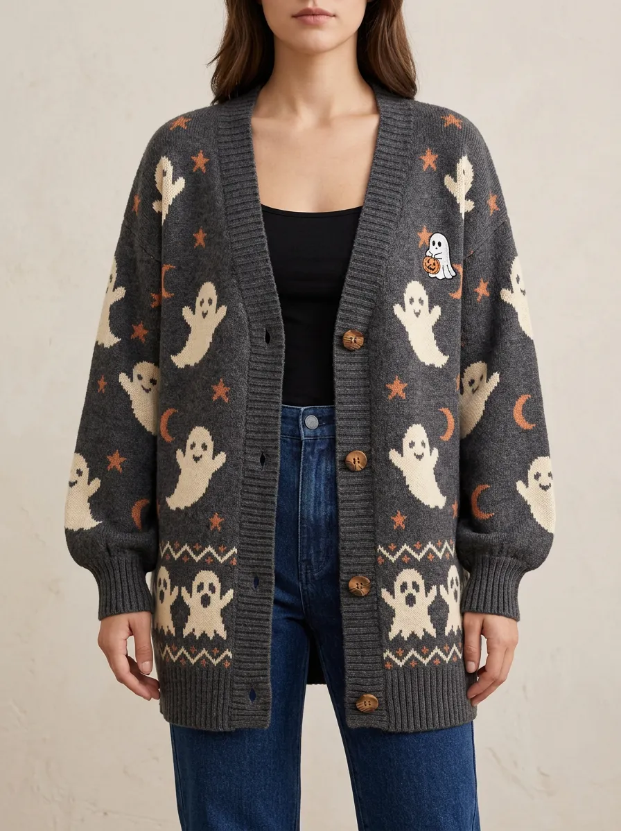 Women's Ghost Pumpkin Star Moon Halloween Knit Cardigan