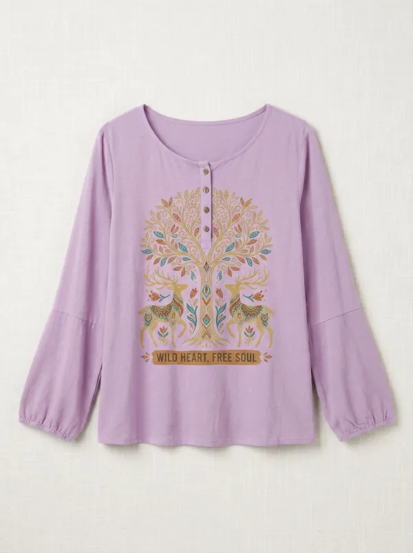 Nature Lover Deer Tree Wild Heart Henley Top