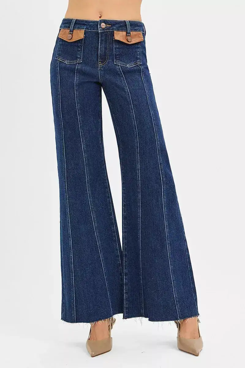 High Rise Flare Raw Hem Pocketed Denim Jeans