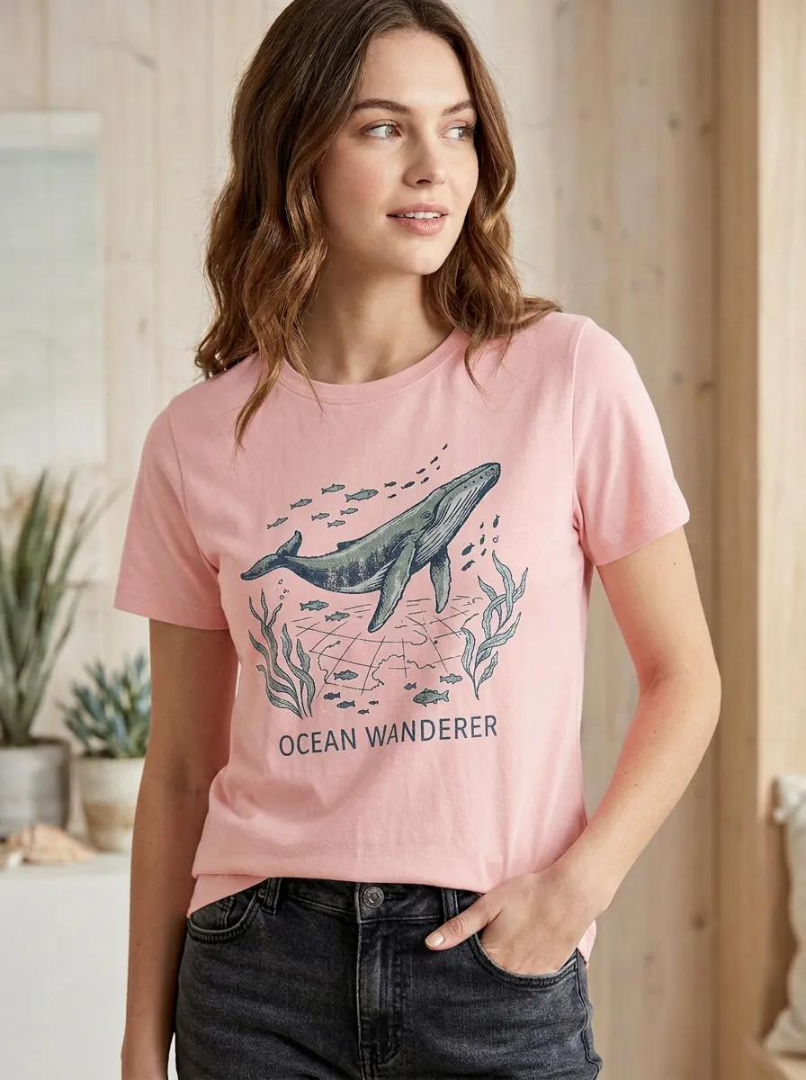 Women's Ocean Lover Whale Sea Life Printed T-shirt