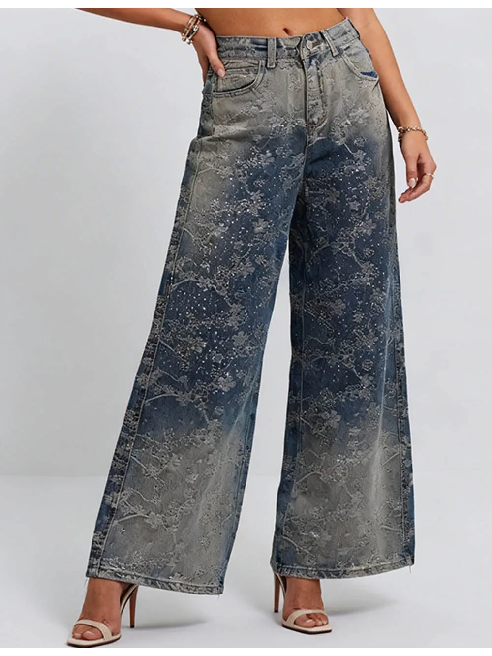 Rhinestone Jacquard Jeans Button Waist Wide Leg Denim Pants