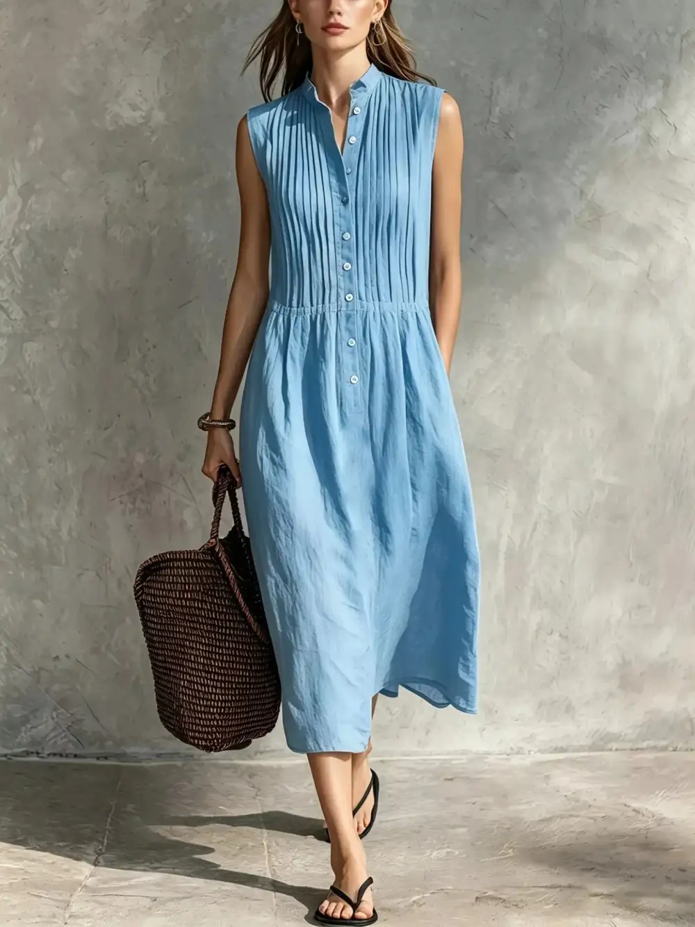 Sleeveless Button Front Midi Dress